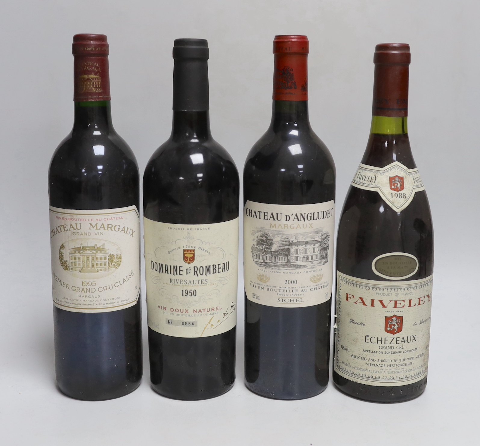 Four bottles of wine: one bottle of 75cl 1995 Château Margaux, one bottle of 75cl 1950 Domaine de Rombeau Rivesaltes Cin Doug Naturel, one bottle of 75cl 1988 Faiveley Echezeaux Grand Cru, and one bottle of 75cl 2000 Cha